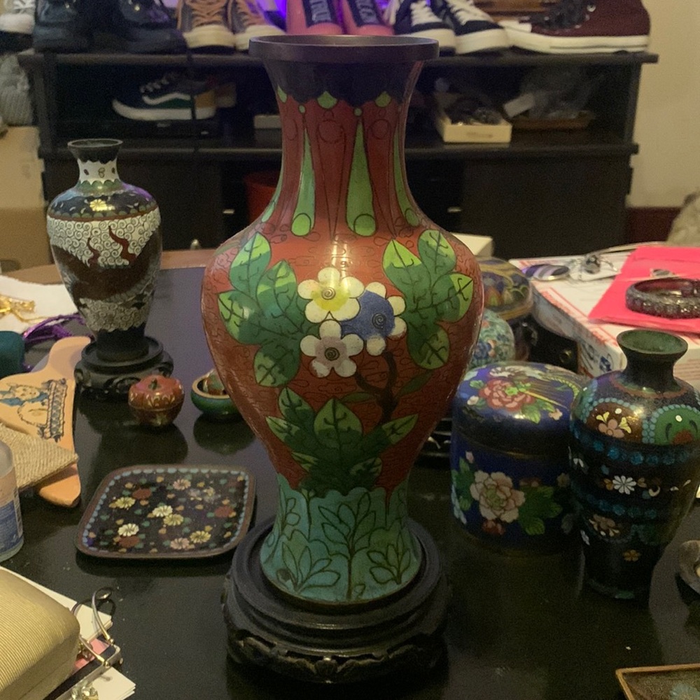 Antique Chinese cloisonné red floral vase with stand